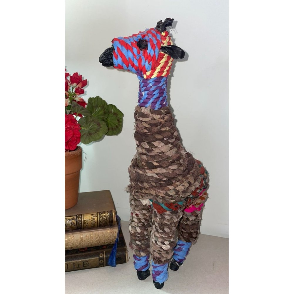 Hand Woven Chiini Folk Art Fabric Rag Rope Wrapped Giraffe Figurine